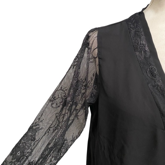 Catherine Malandrino Black Lace Blouse Sheer Floral Sleeves V-Neck Top Size L - Picture 4 of 13
